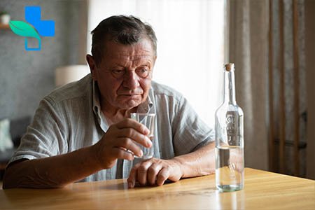 Мужчина в длительном запои сидит за столом и пьет водку